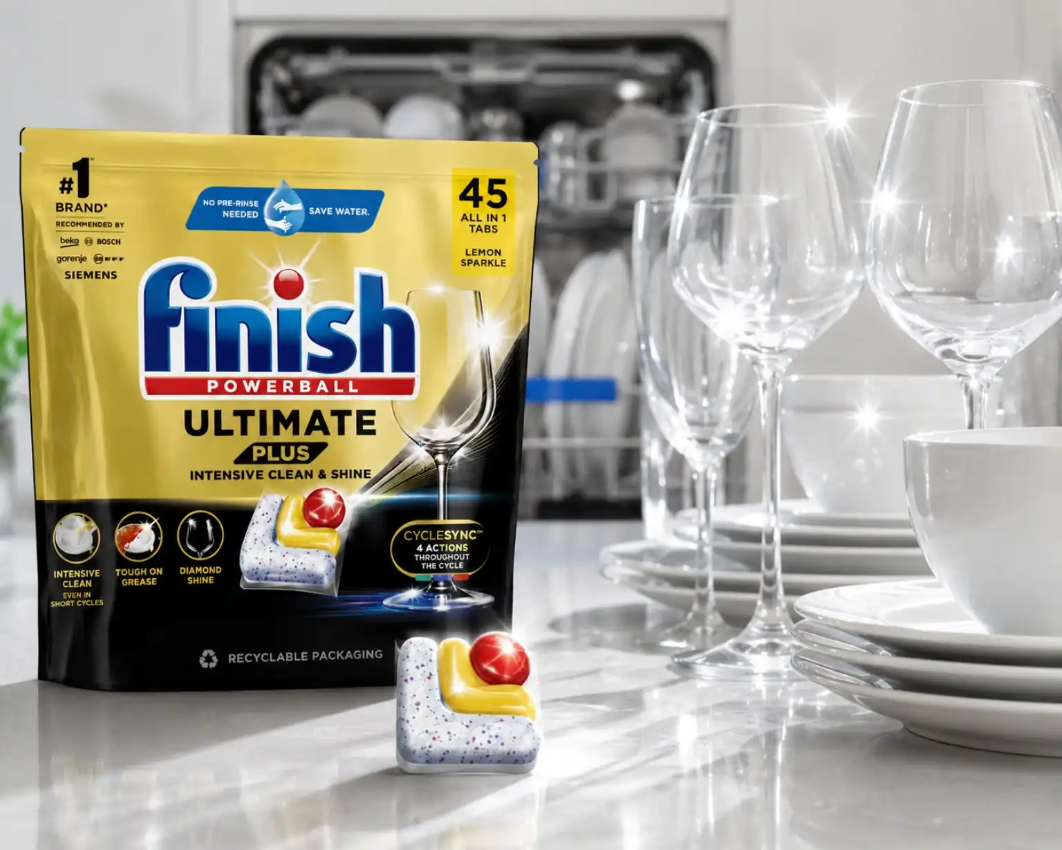 تمیزی و براق شدن ظروف با قرص فینیش ۴۵ عددی Ultimate Plus