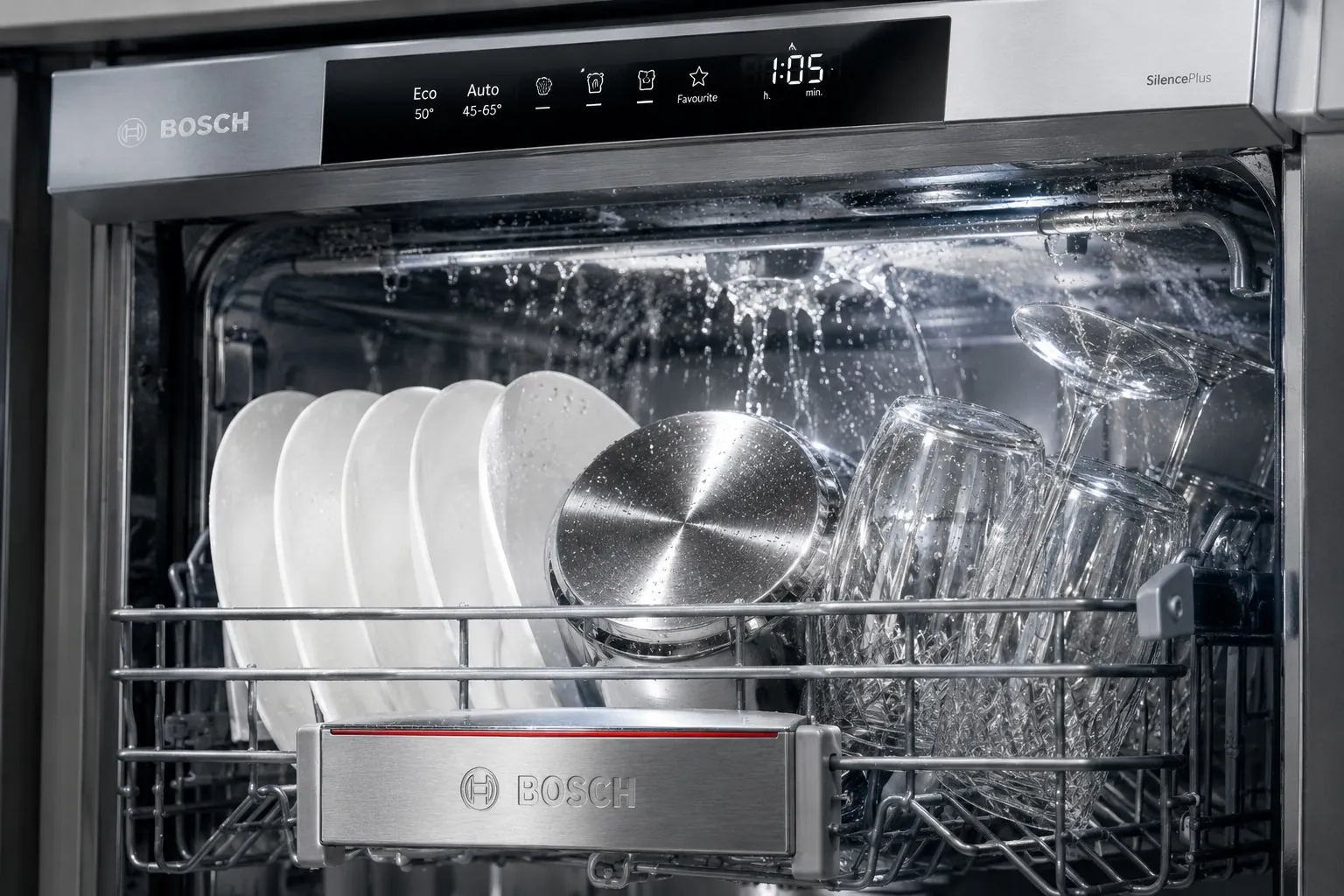 ماشین ظرفشویی بوش در حال شستشو با قرص فیری ۹۶ عددی