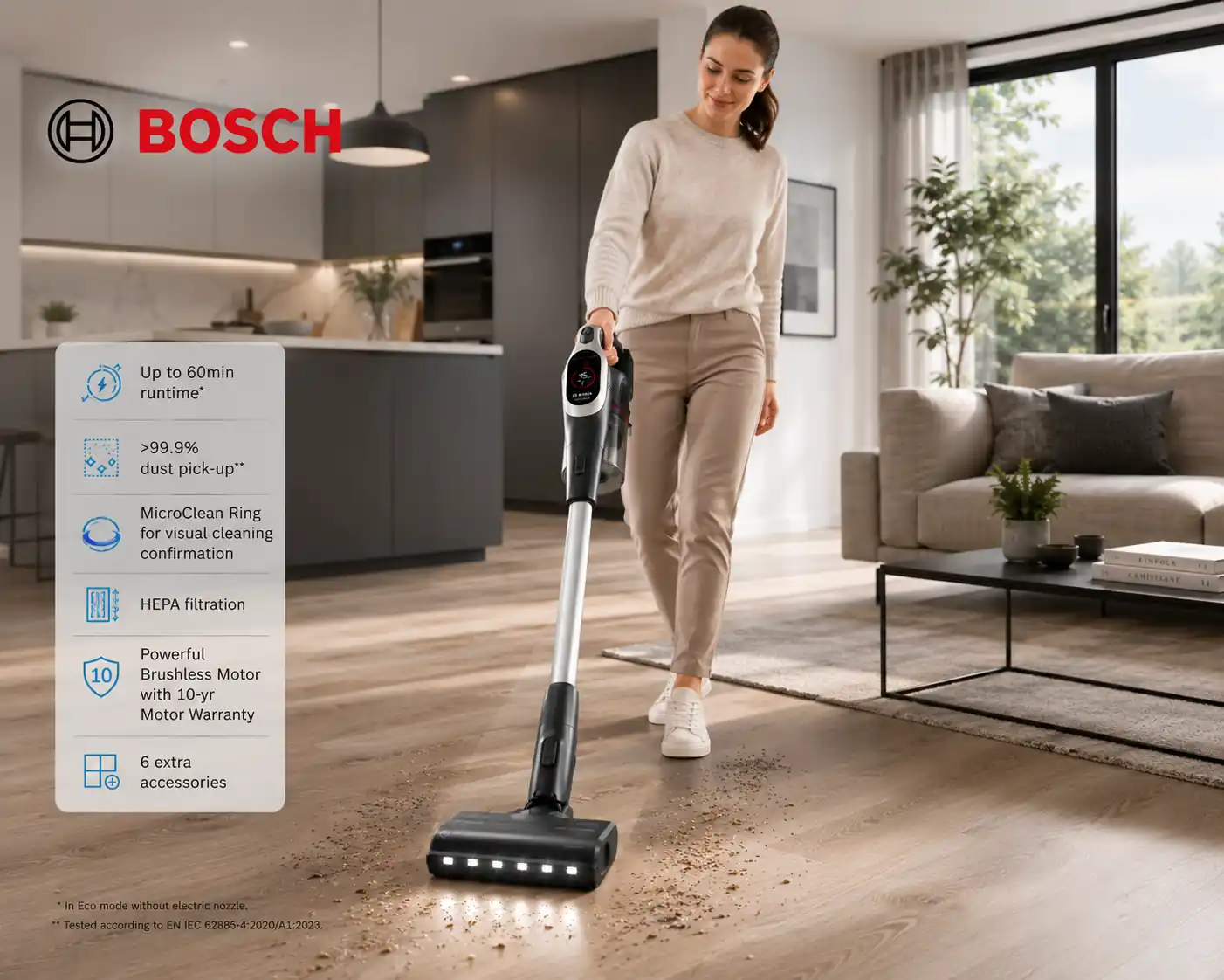 جارو شارژی بوش Unlimited 9 مدل BBS932GUC در حال نظافت خانه مدرن