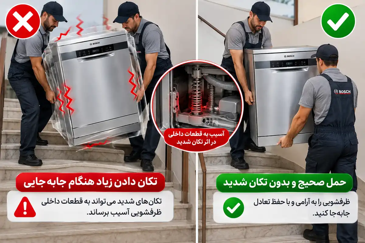 آسیب ناشی از تکان شدید ظرفشویی بوش هنگام جابهجایی