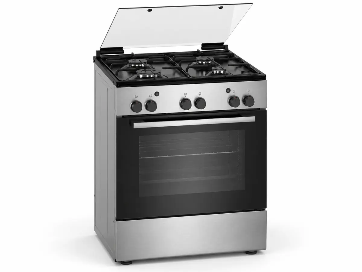 اجاق گاز مبله بوش HGA120B51M با بدنه استیل و صفحه گاز چهارشعله روی زمینه سفید